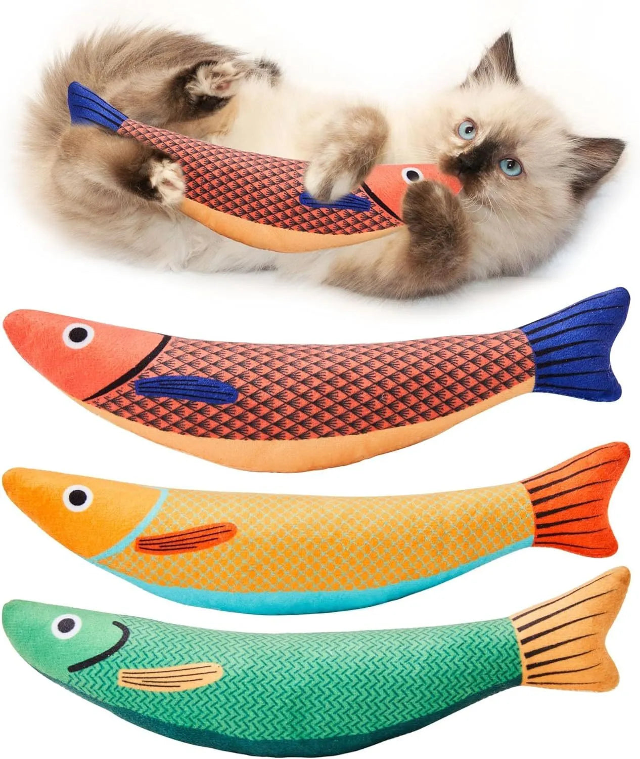 Soft plush saury fish cat toy with organic catnip filling in green, orange, and yellow colours