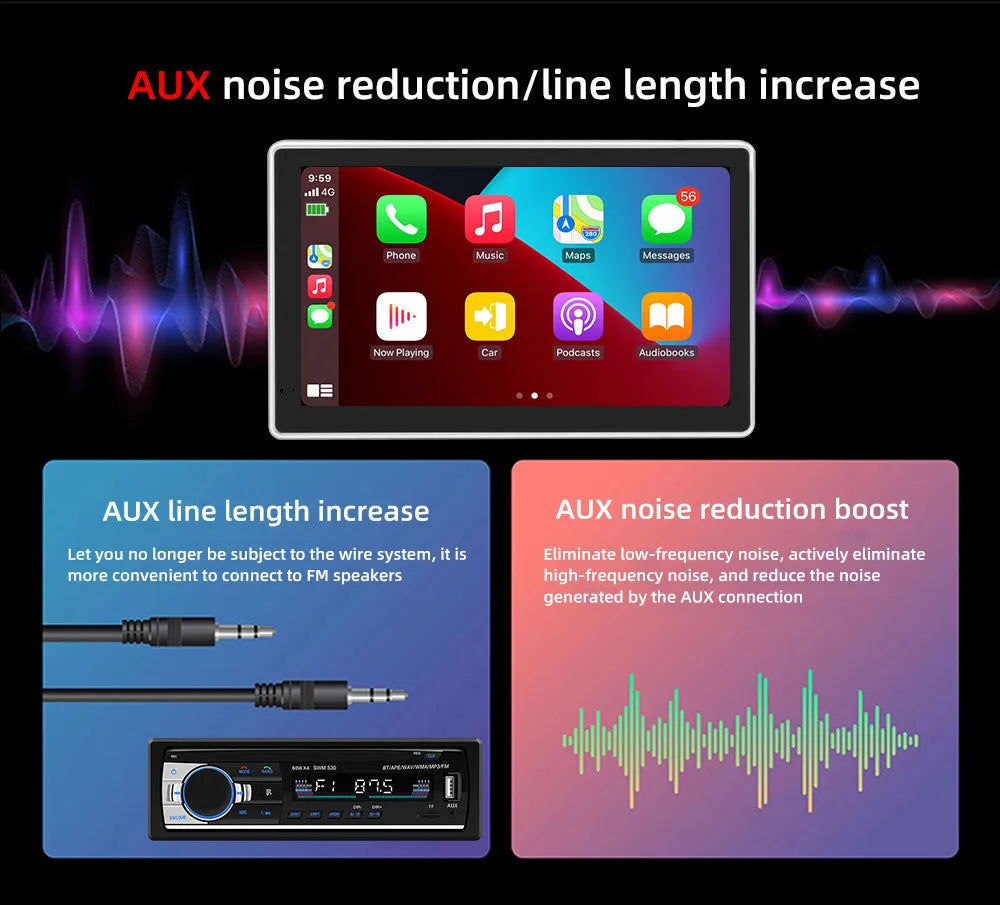 Black 7-inch wireless CarPlay dashboard camera with wide-angle lens on car windshield