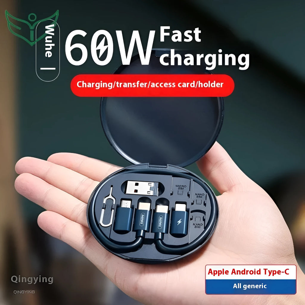 Four-in-one 60W fast charging cable with phone bracket, 0.29m, navy blue and white plastic design