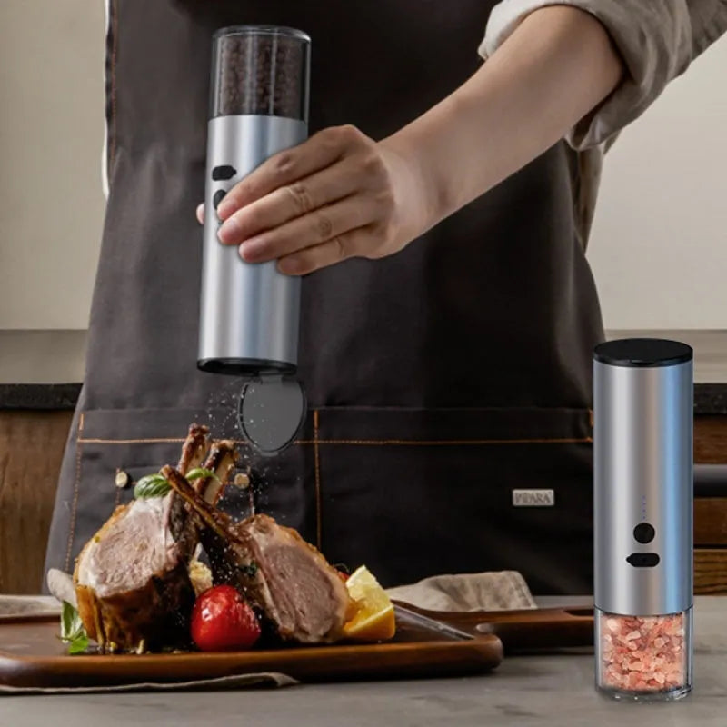 Electric salt and pepper grinder set with clear glass jar and stainless steel top
