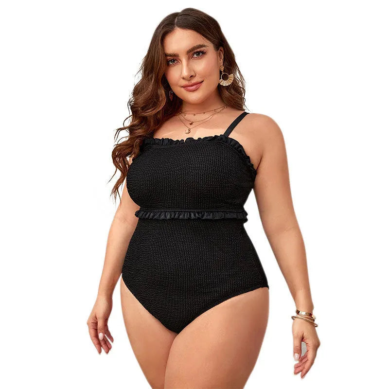 Black women's plus size swimsuit with double shoulder straps and belly cover Siamese cut