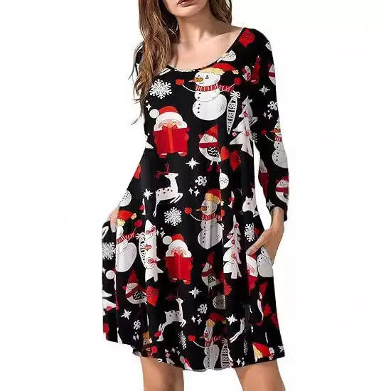 Halloween Christmas printed T-shirt dress with A-line skirt and 3D pattern in black colour
