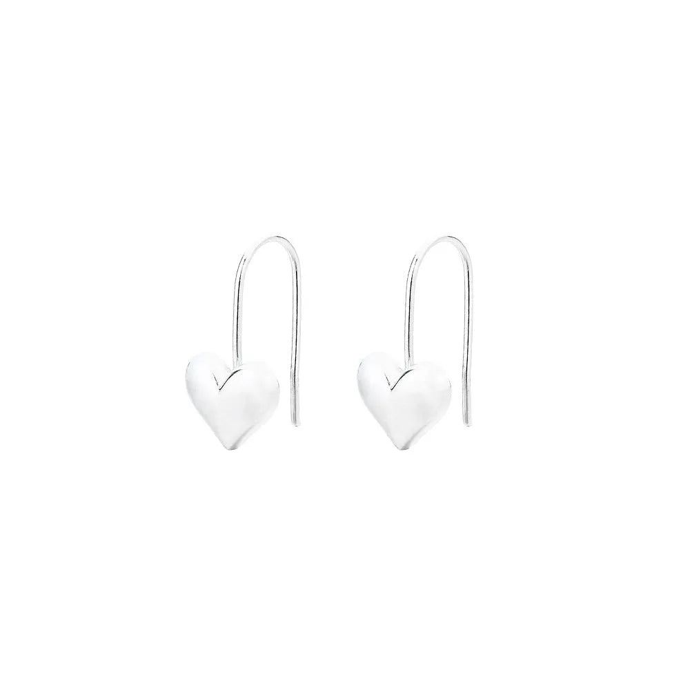 Korean style heart earrings with three-dimensional glossy finish and silver white gold plating