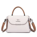 Women's genuine leather crossbody shoulder bag in horizontal square shape with slit pocket and visible stitching, six colour options