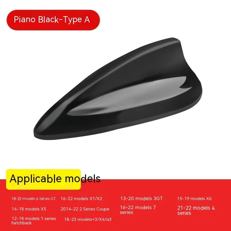 BMW shark fin antenna cover replacement in carbon fibre pattern and piano black finish options.