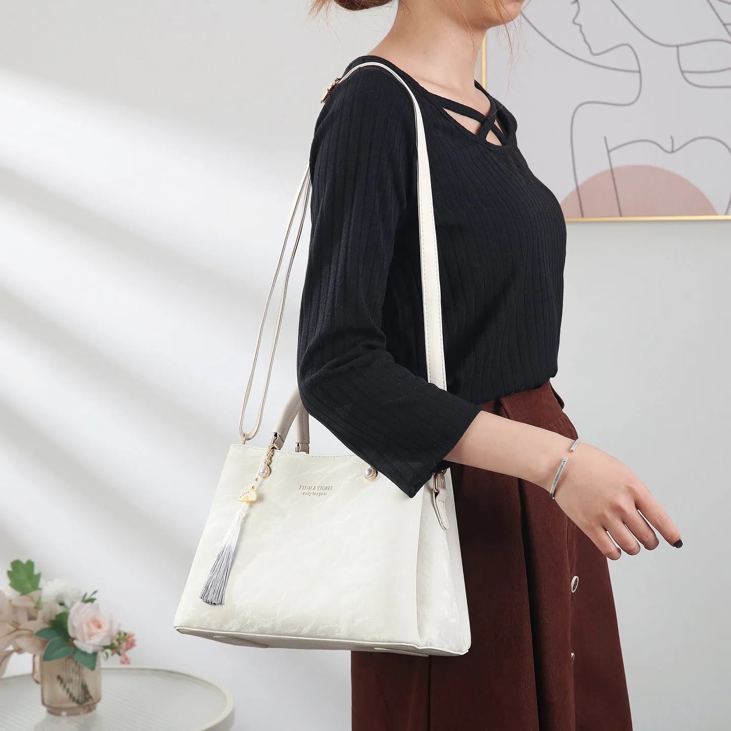 Women's horizontal square PU leather shoulder bag in ethnic style colours