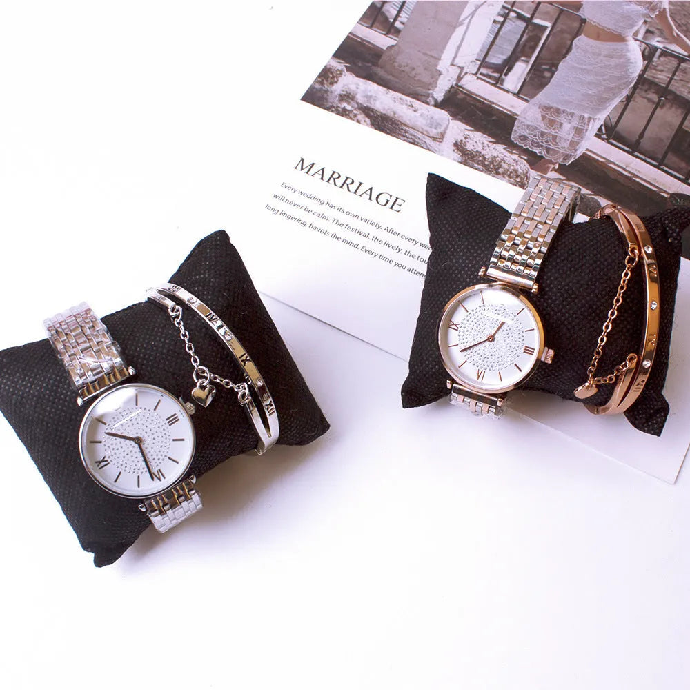 Ladies watch set with gypsophila design two-piece bracelet in silver and rose gold options