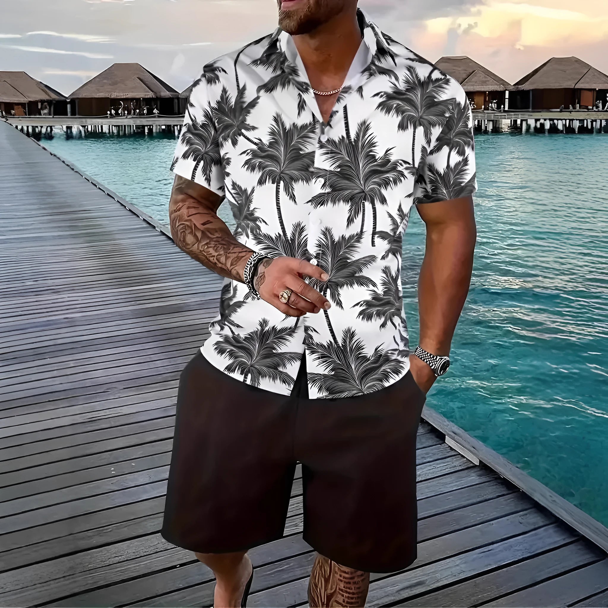 Men's Hawaii-themed short sleeve suit set with printed top and matching shorts on a hanger