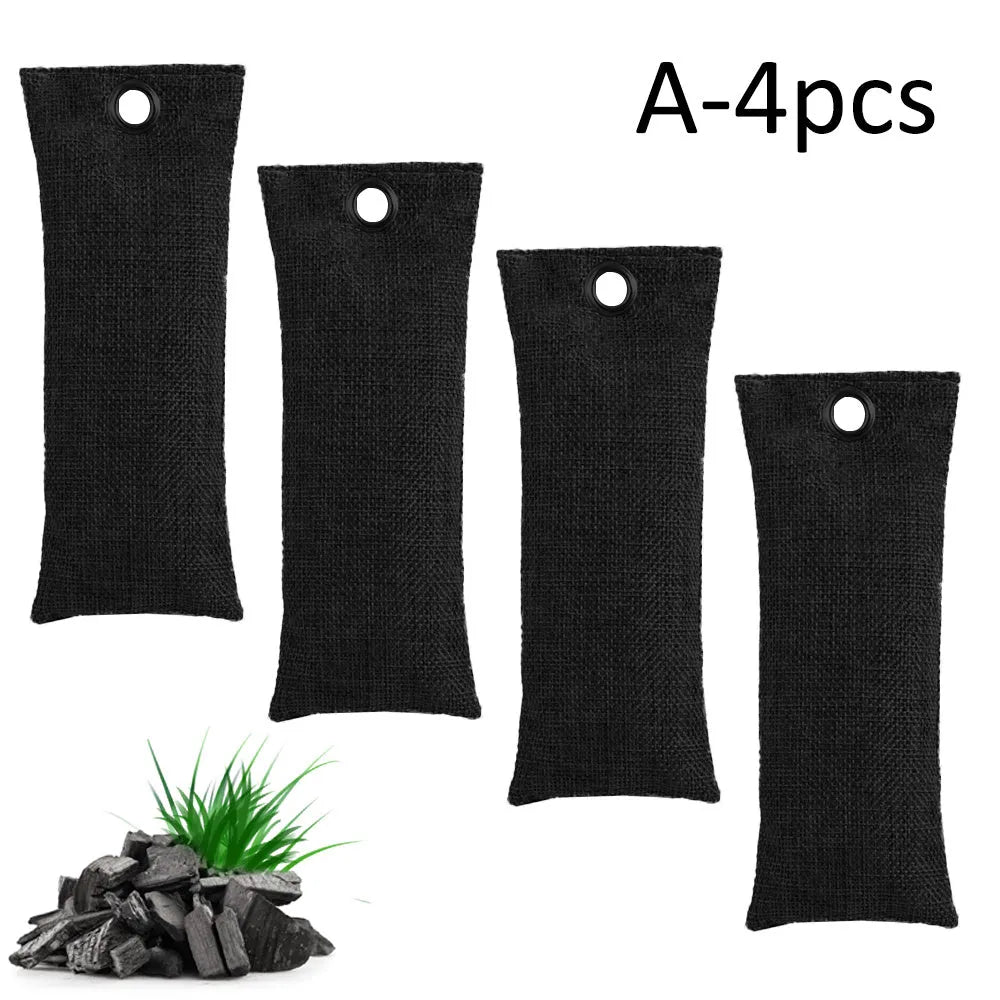 Black, green, grey and blue activated charcoal shoe deodoriser bags measuring 16.5cm.