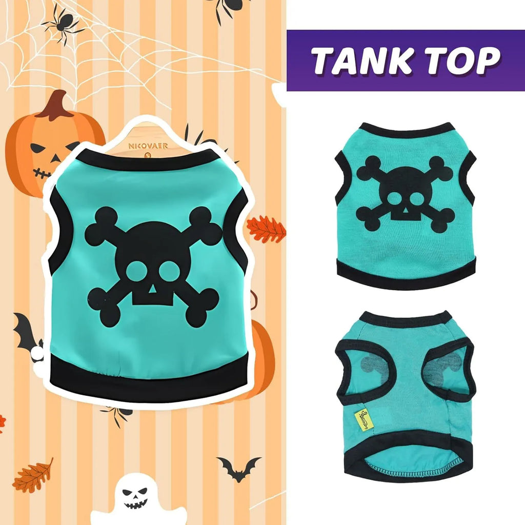 Blue Halloween dog vest with white skull bones pattern on colour block cotton fabric