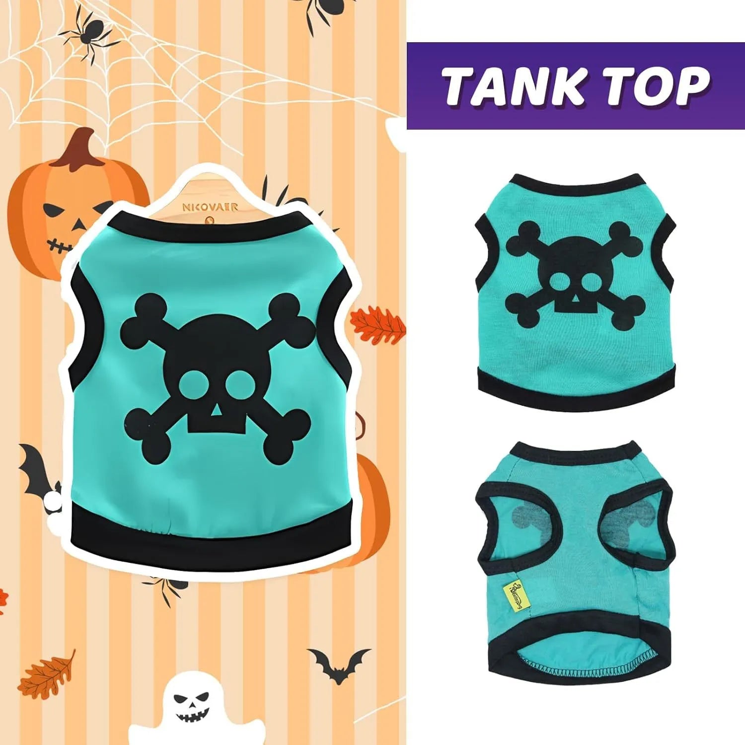 Blue Halloween dog vest with white skull bones pattern on colour block cotton fabric