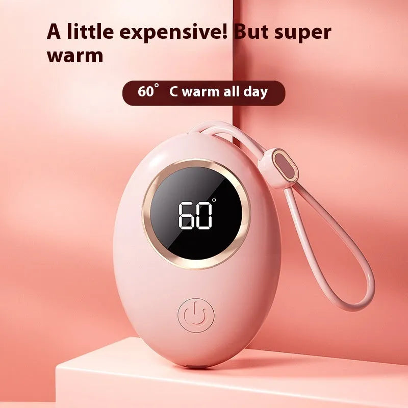 A portable hand warmer and power bank unit with a digital display, shown in various colour options.