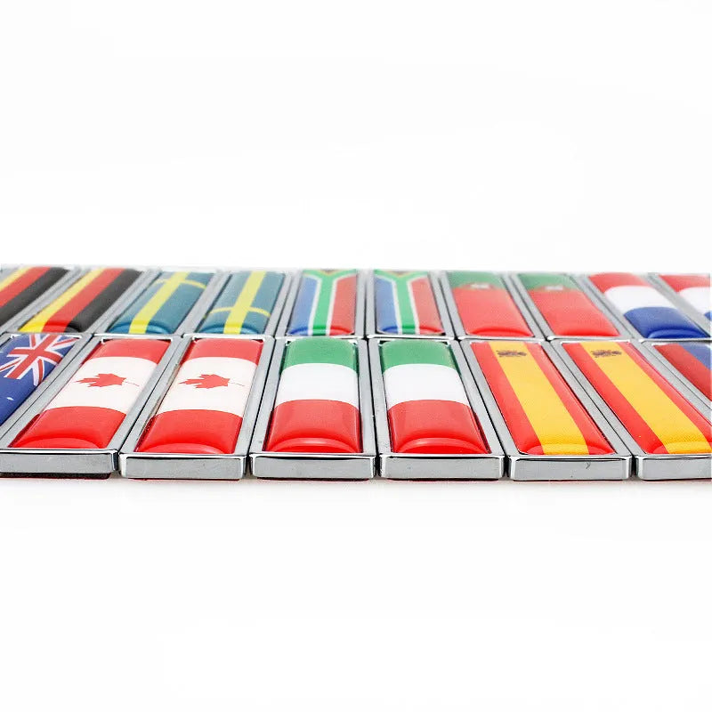 Zinc alloy car flag metal labels showing UK and USA designs at 58x14mm size