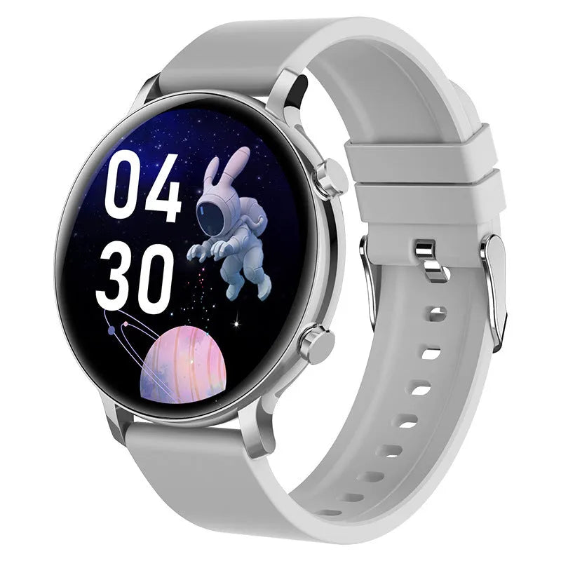 Black Bluetooth smartwatch with stainless steel strap showing call and heart rate monitoring functions on screen.