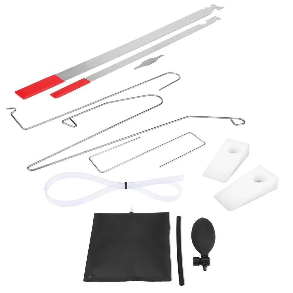 9-piece automotive maintenance tool set with air pump wedge, plastic wedges, hooks and crowbars