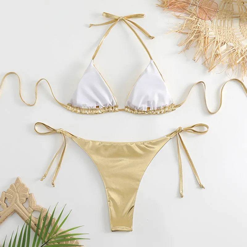 Women's lace-up bikini swimsuit in metallic gold colour with adjustable ties