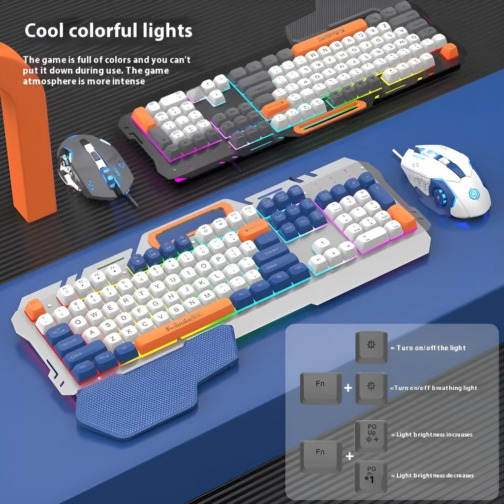 Blue wired gaming keyboard and mouse set with LED backlight on desk