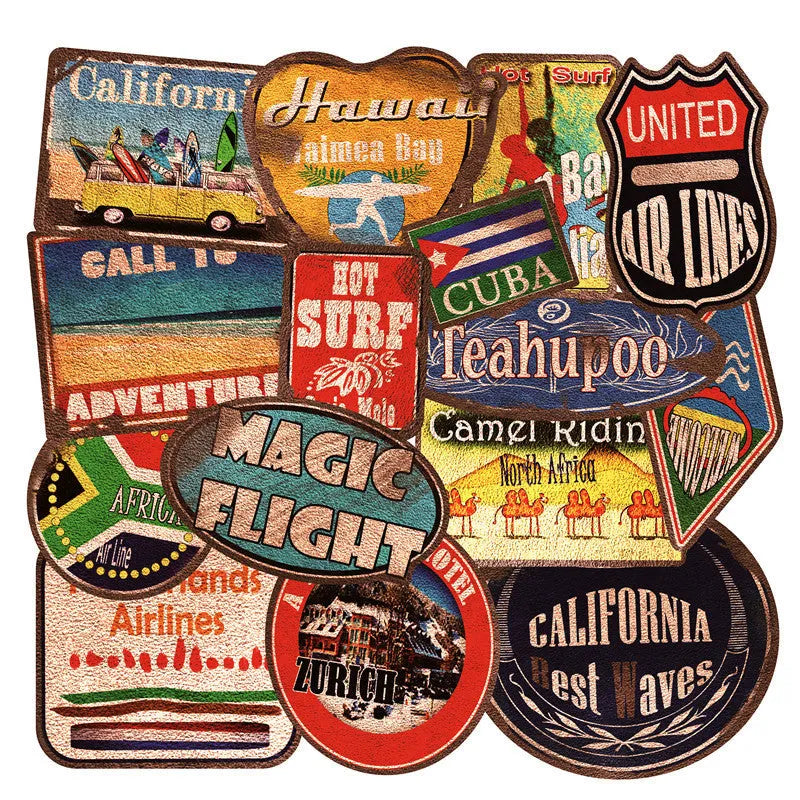 Set of 36 retro beach themed PVC stickers with matte finish, showing surfing and travel designs.