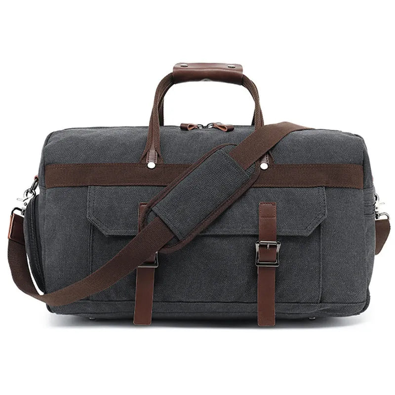 Large capacity canvas crossbody travel bag in European American retro style with sewing line details