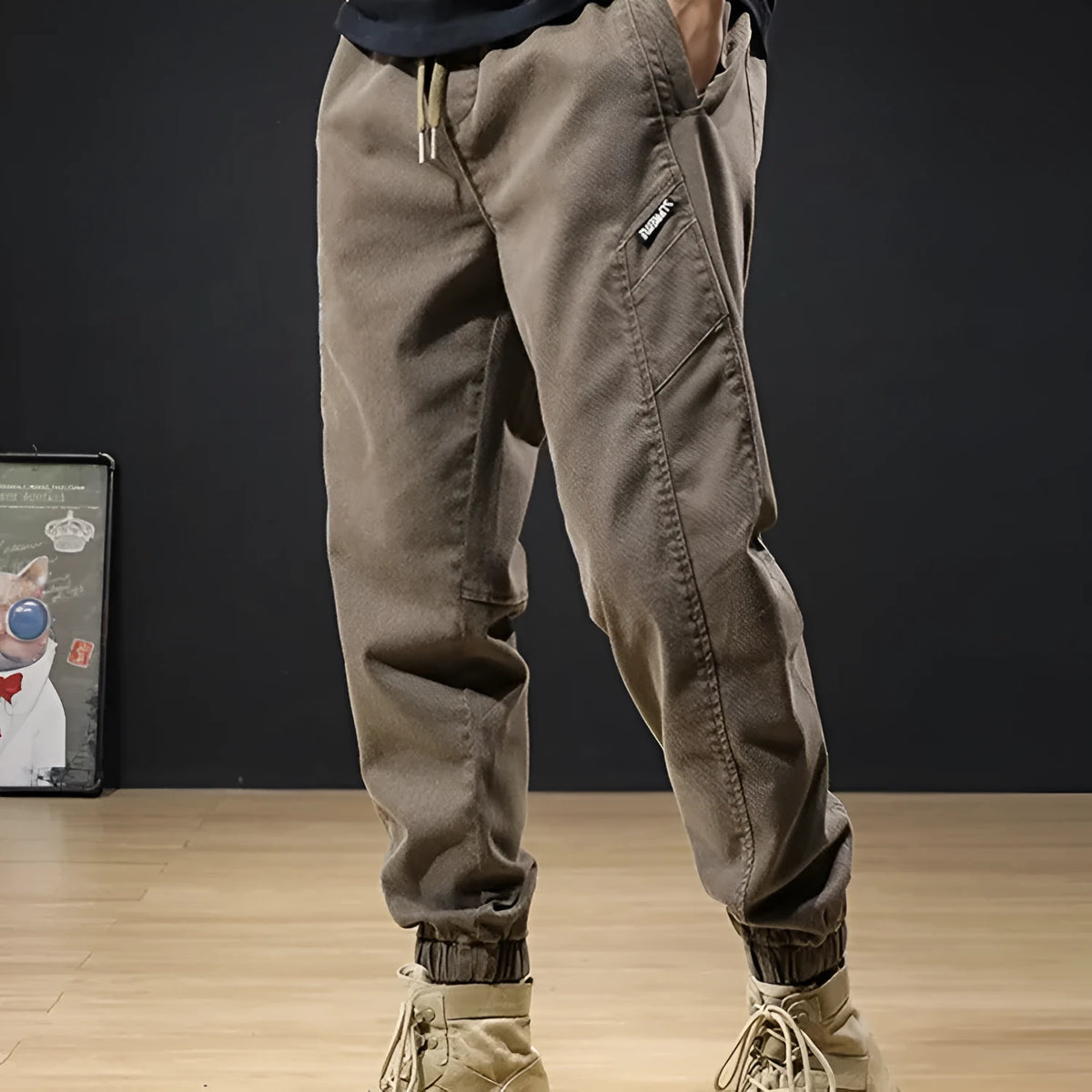Plus size loose tapered work jeans with wool lining in grey, camel, or black, sizes M to 5XL