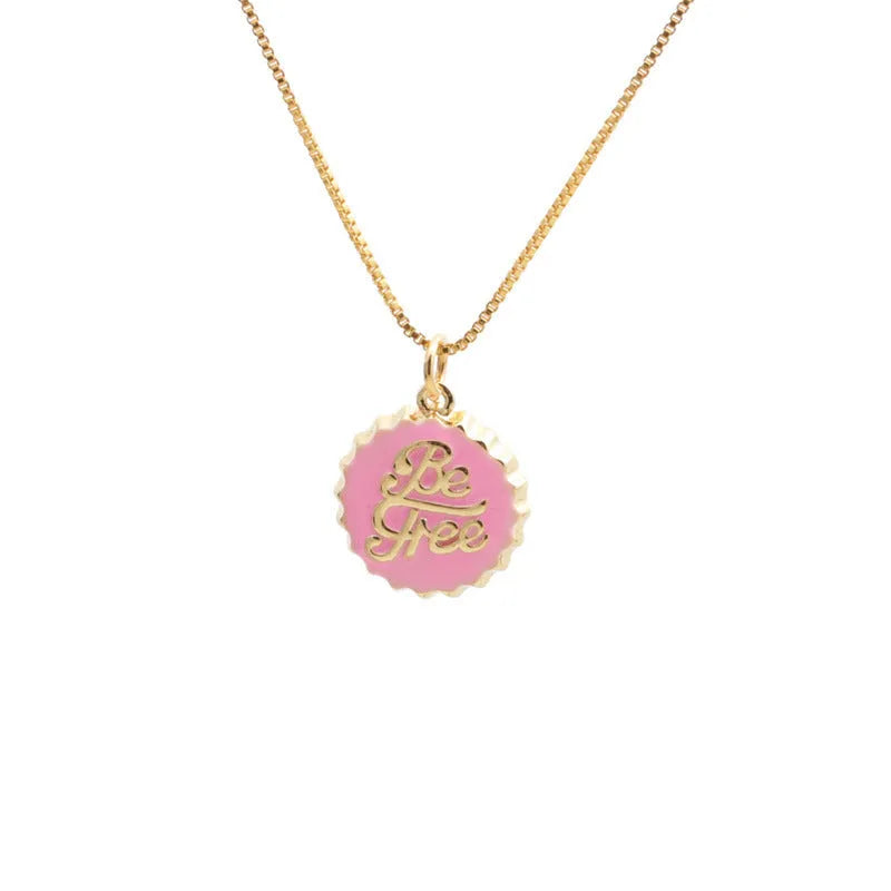 Gold-plated bottle cap pendant on a 40 cm copper box chain necklace, shown in various colours.
