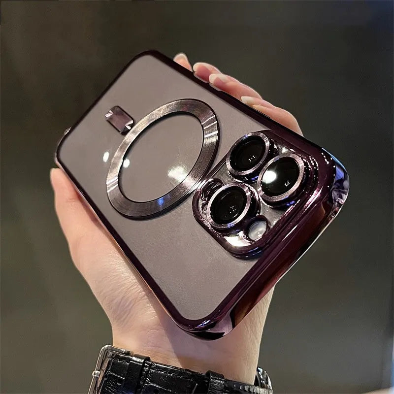 Electroplating magnetic transparent TPU phone case for iPhone in black colour on white background