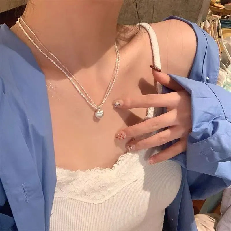 Brushed heart-shaped double-layer necklace on adjustable chain