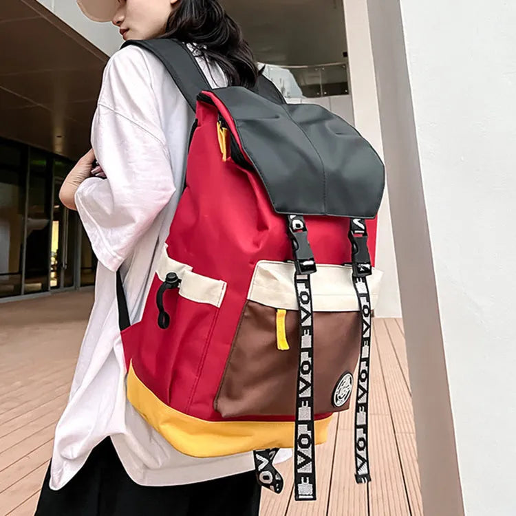Oxford cloth fashion backpack in black, green, or red, shown with adjustable straps for multiple carrying styles.