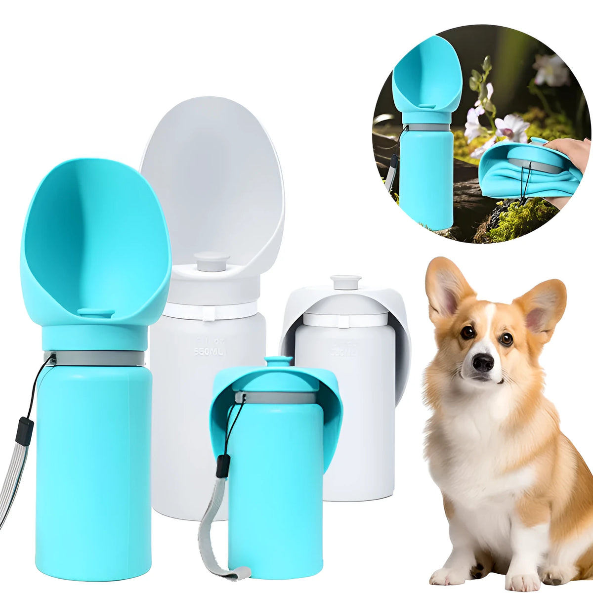Blue 550ml folding pet water bottle in BPA-free food-grade silicone with one-button release