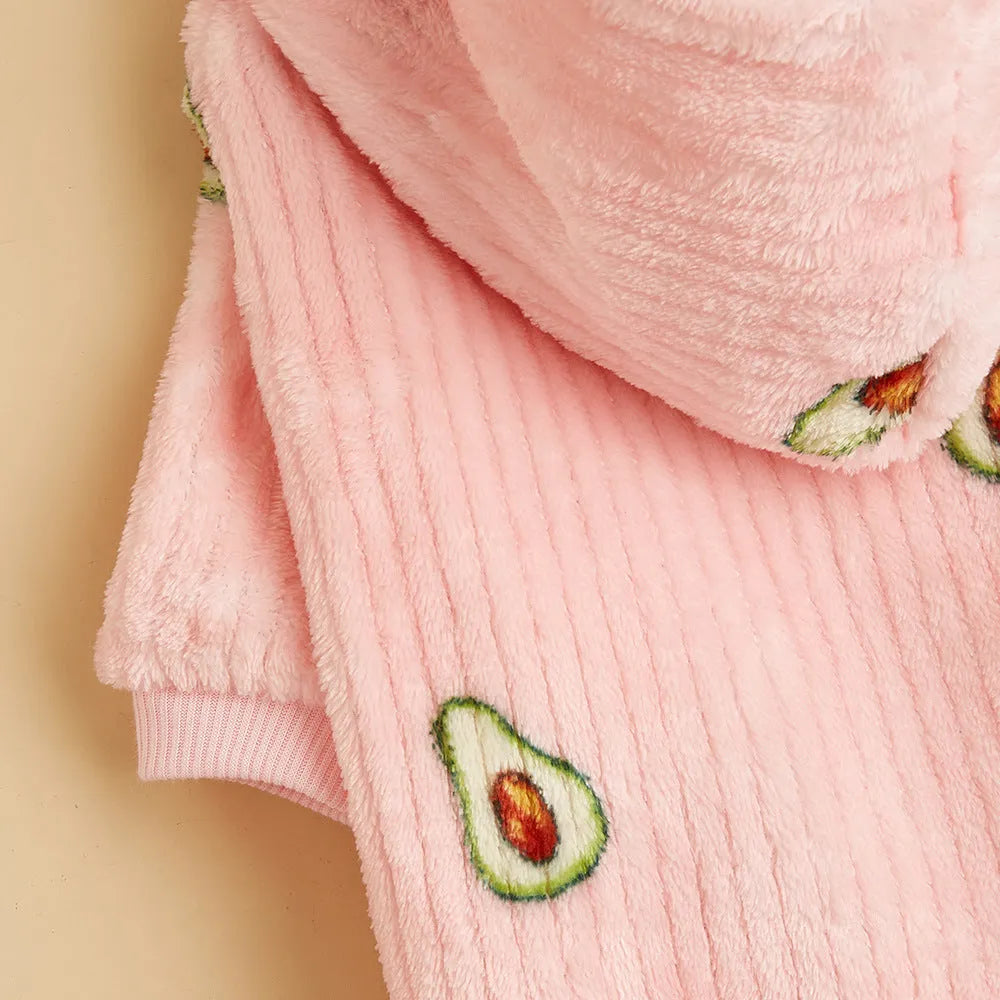 Pink polyester pet hoodie with avocado print for cats and dogs, sizes XS to XL