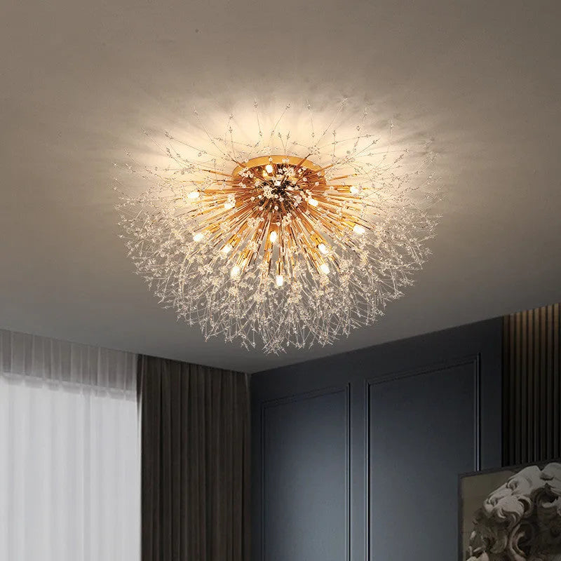 Round dandelion crystal ceiling lamp with four chrome heads and a 40cm diameter