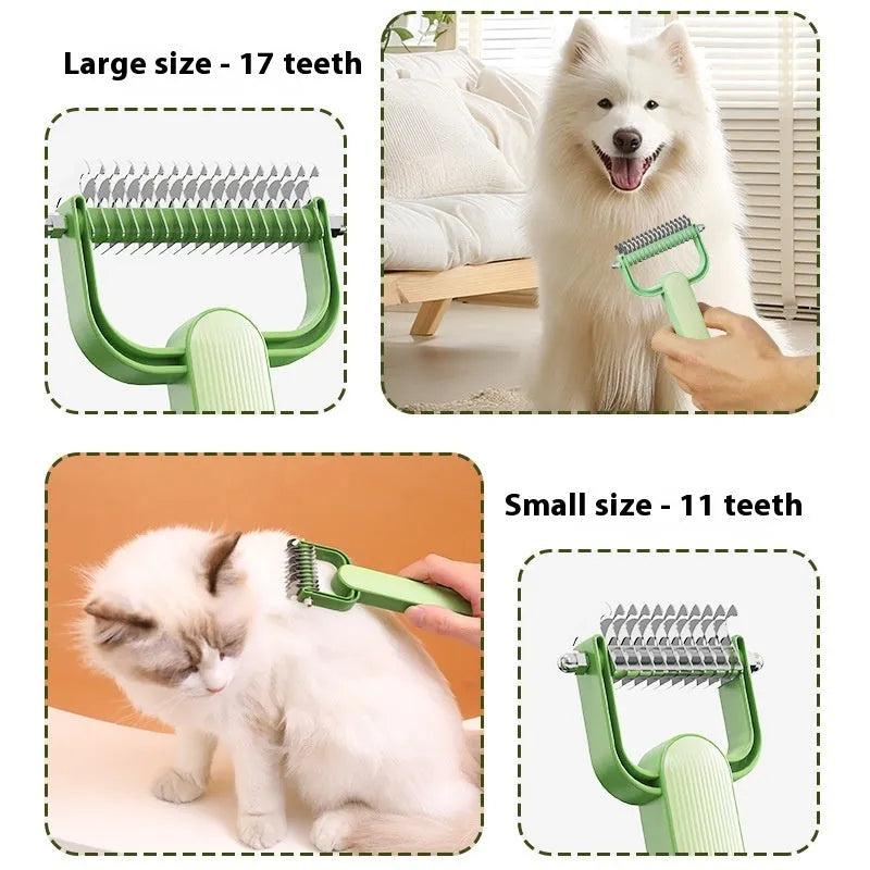 Green and grey pet hair unknotting comb for dogs with stainless steel teeth on a PP plastic handle.