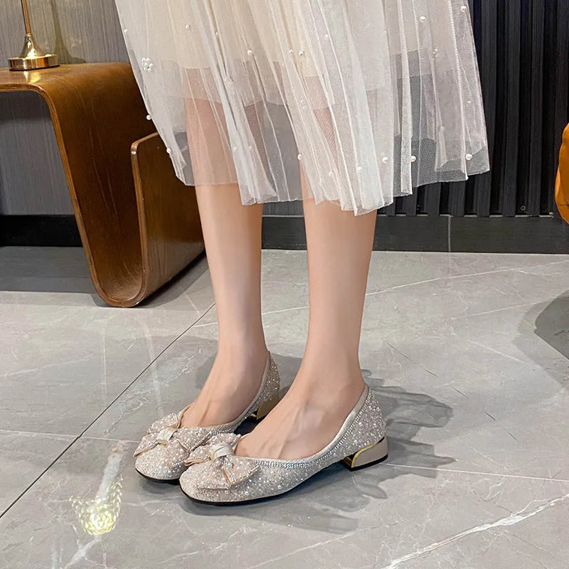 Dignified rhinestone bow flat leisure shoes in apricot, satin upper, low chunky heel, pointed toe