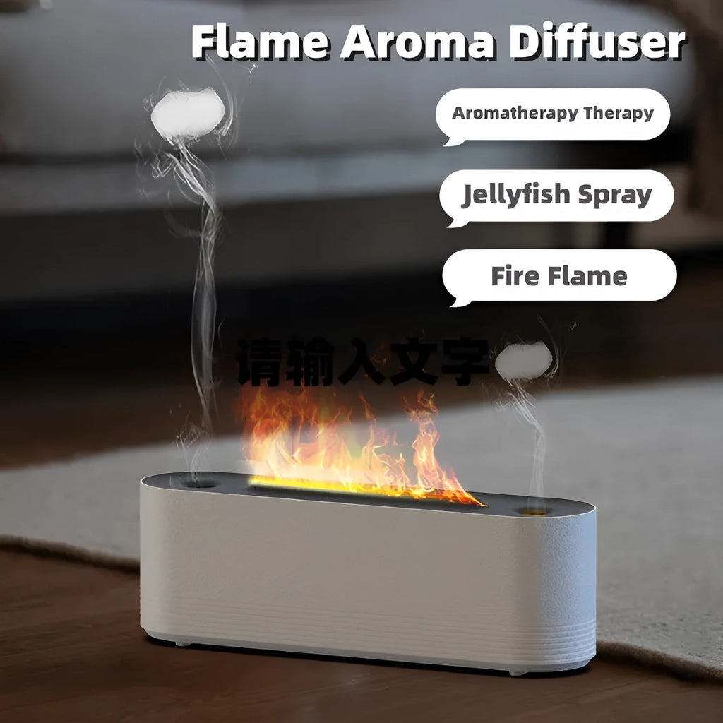 Black ultrasonic aromatherapy diffuser with LED flame lights emitting cool mist vapour