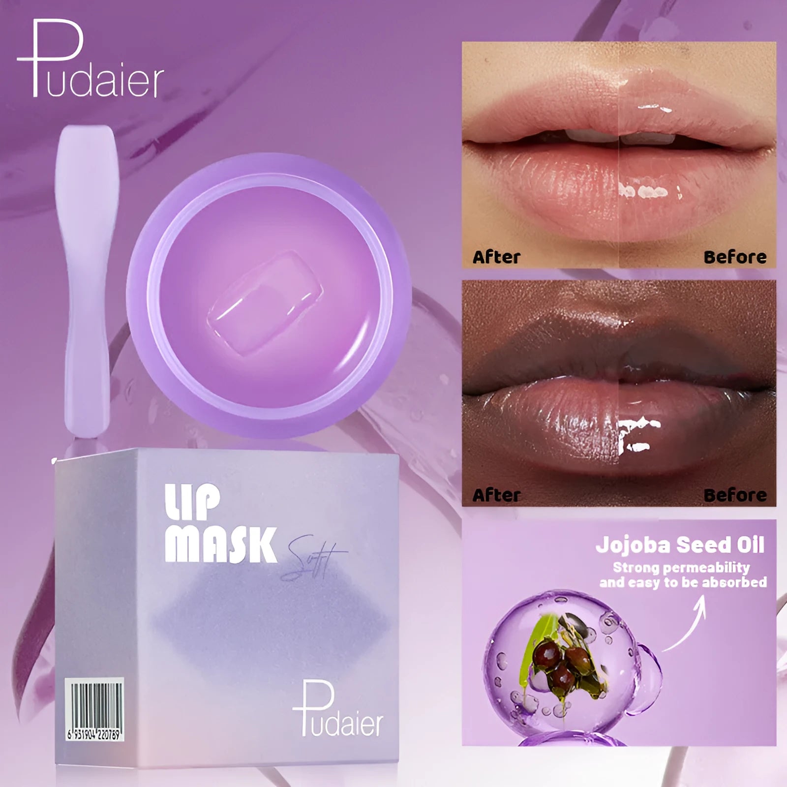 Box containing exfoliating lip balm, a lip film, and a scraper tool for lip care.