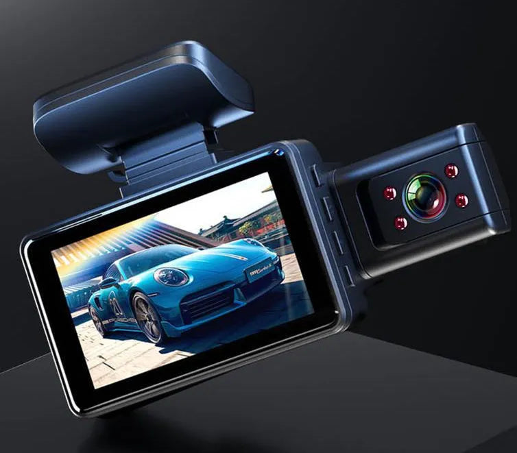 Front car driving recorder with 3-inch screen mounted on a car windscreen.