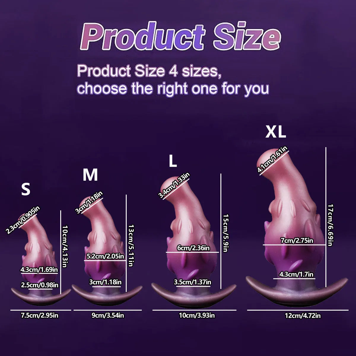 Liquid silicone adult masturbator in black, gold, or purple colour, shown in sizes S, M, L, and XL.