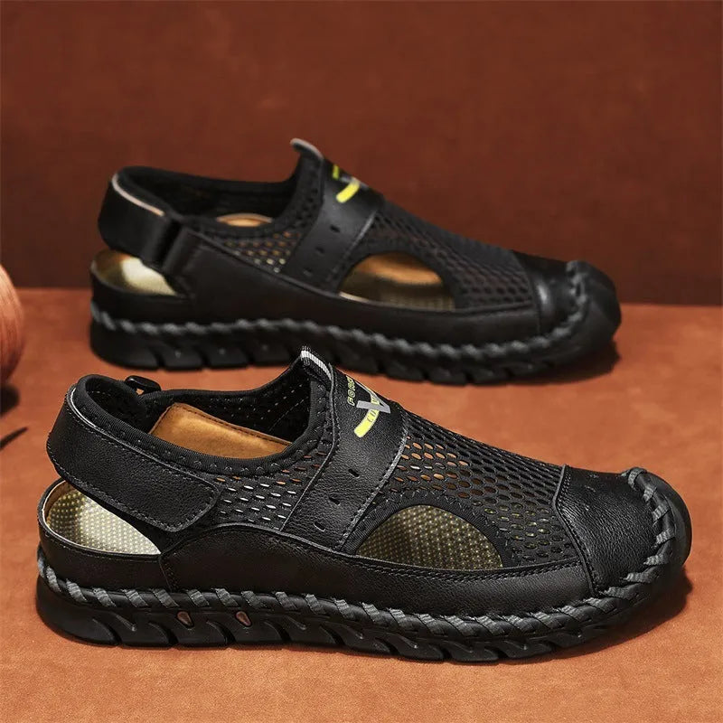 Men's brown leather mesh breathable pumps with elastic band and round toe design