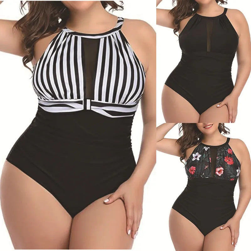 Women's black lace one-piece swimsuit on a hanger showing front design