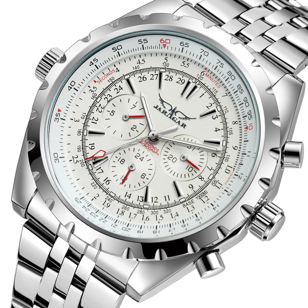 Men's double calendar automatic mechanical watch with 48mm steel round case and alloy strap, sports style pointer display.