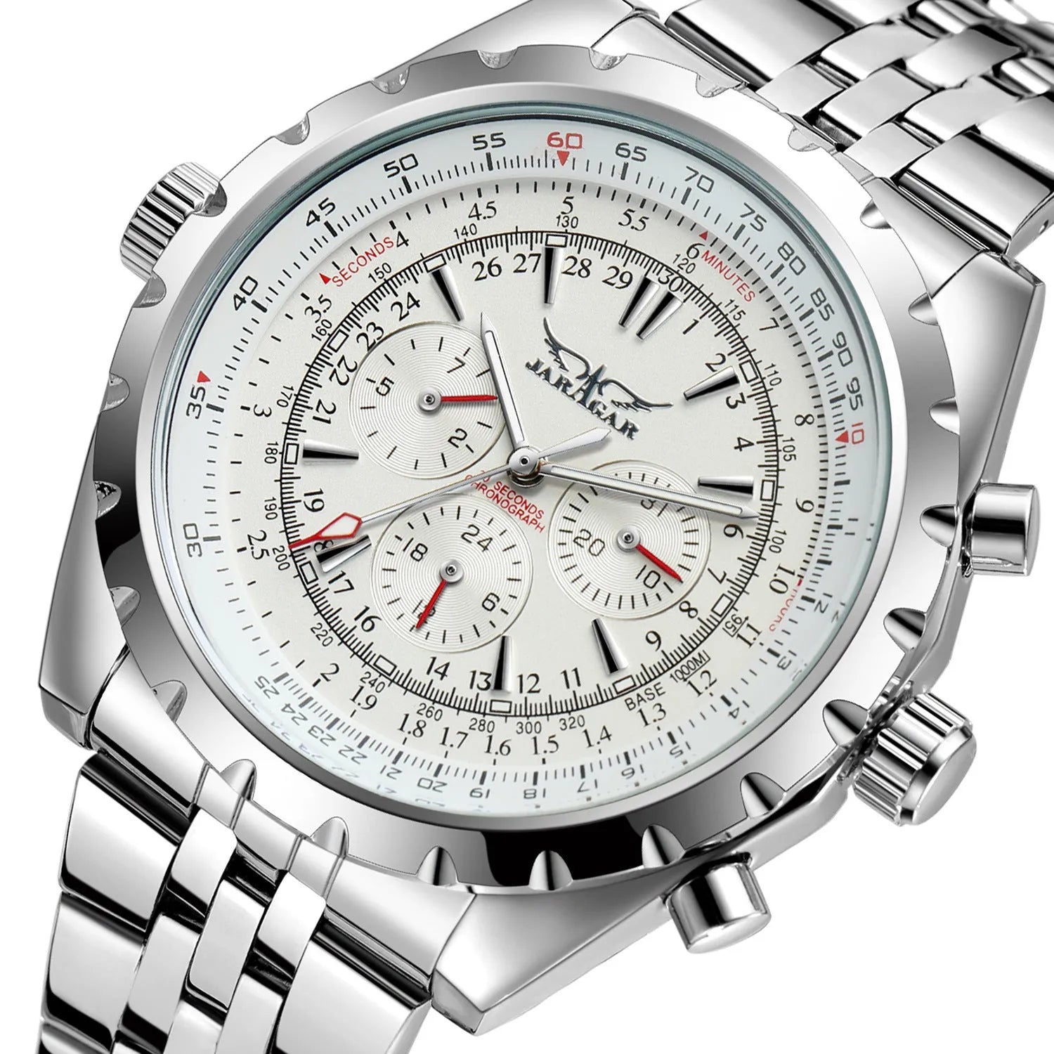 Men's double calendar automatic mechanical watch with 48mm steel round case and alloy strap, sports style pointer display.