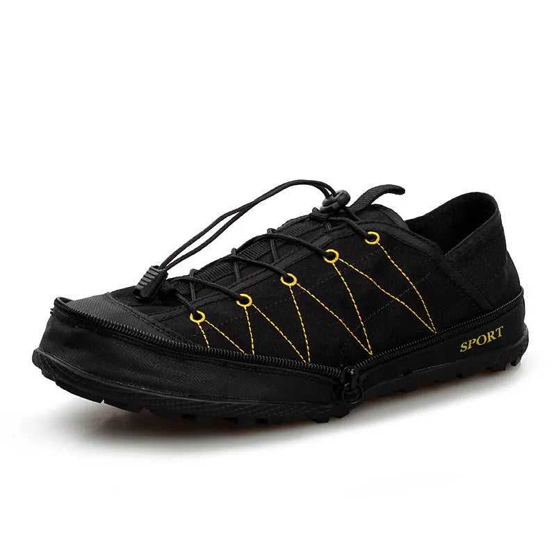 Portable folding outdoor shoes with mesh upper and side zipper in orange colour