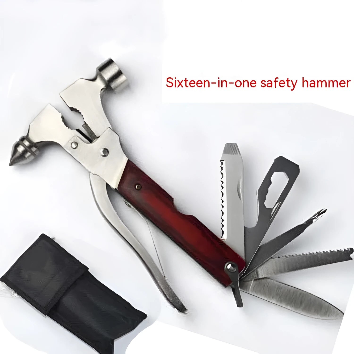 16-in-1 car safety hammer with solid steel construction showing three colour variations and Oxford fabric carry bag