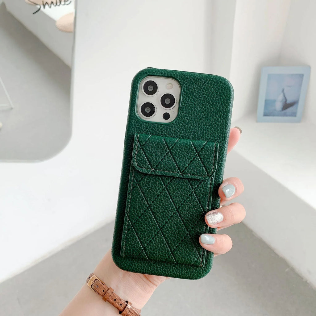 Imitation leather mobile phone back cover case with card holder for iPhone, shown in khaki colour.