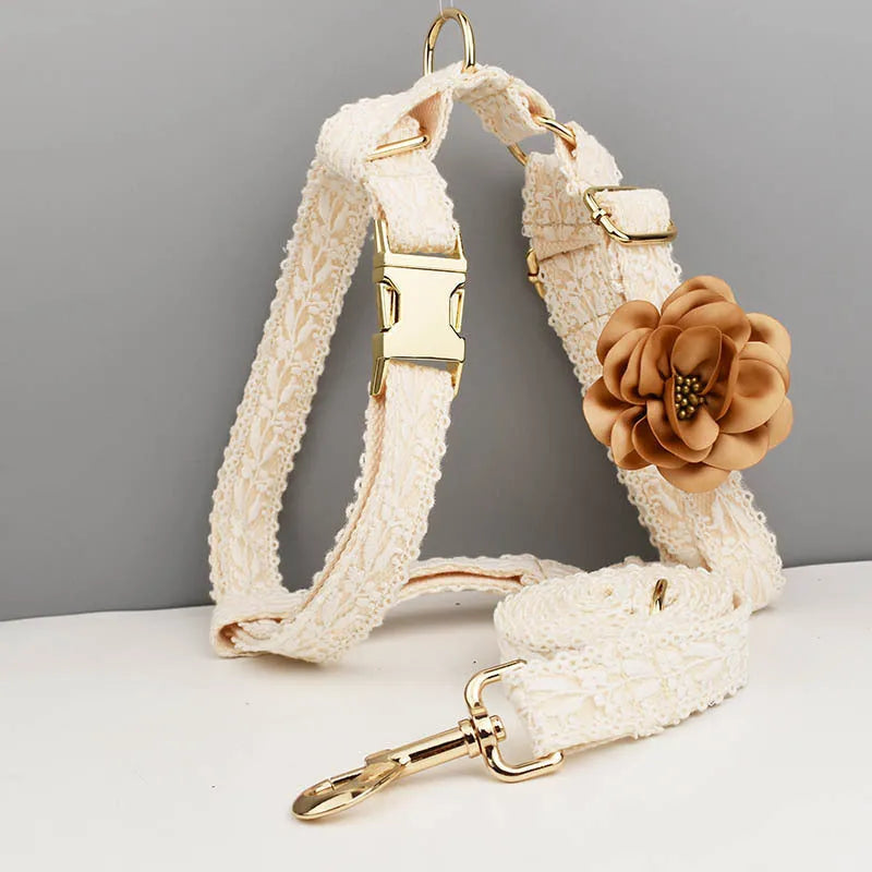 White lace-trimmed dog vest with matching collar, leash, and floral bandana on a small dog.