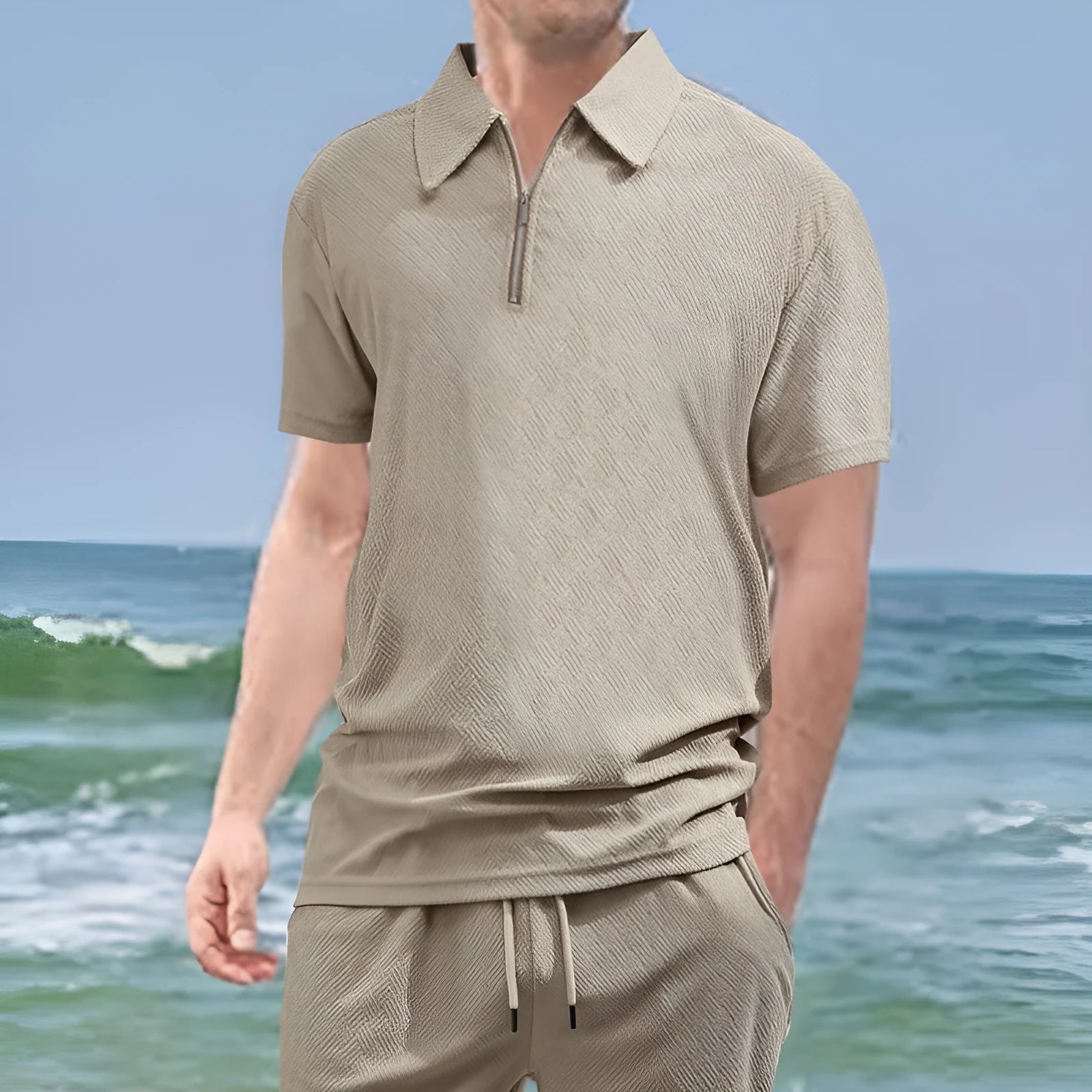 Men's loose zippered short sleeve casual shirt in white, front view with side slits