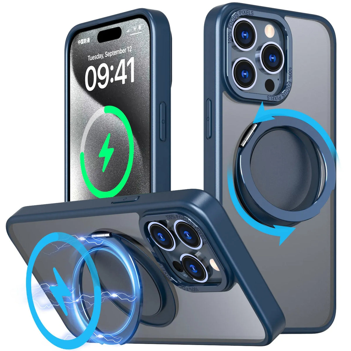 Gear rotating 360 bracket phone case for iPhone 13 in black with frosted back and bracket extended
