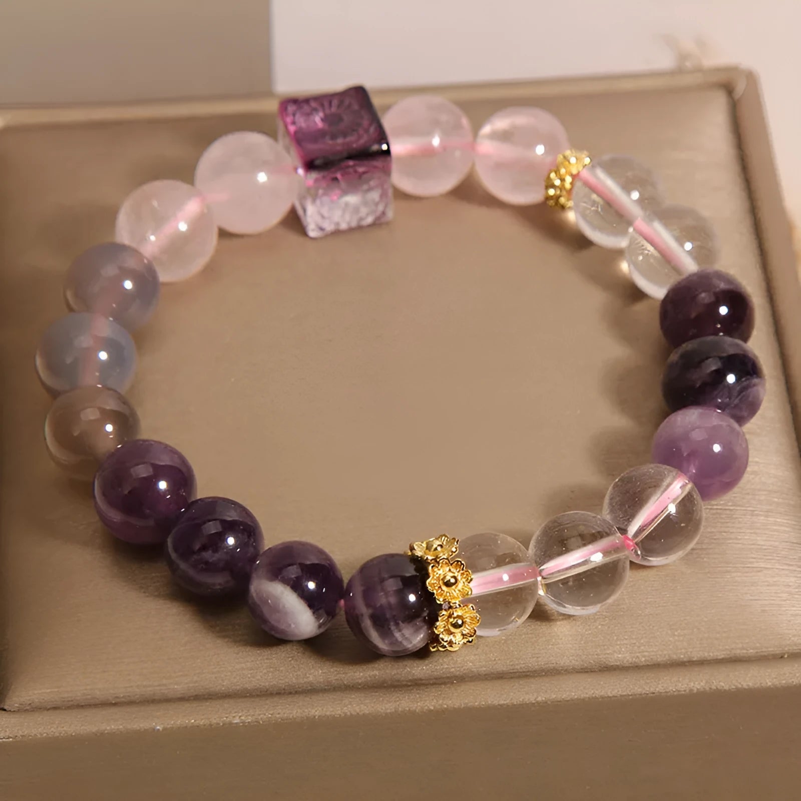 Purple women's bracelet with natural amethyst and crystal rhinestones, 10mm size