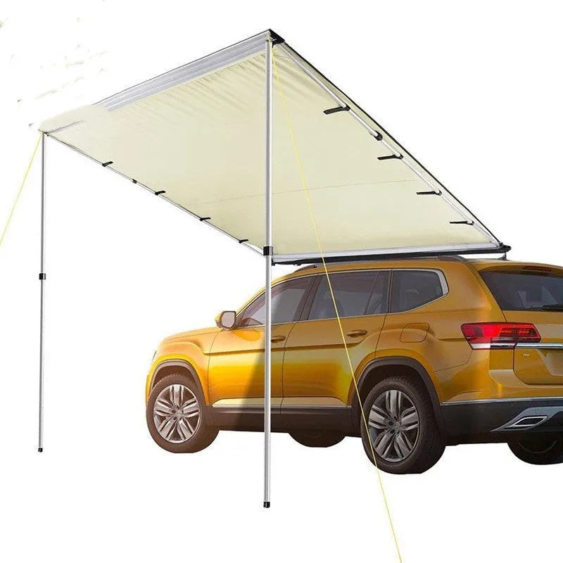Black glue waterproof single-layer camping tent with aluminium poles and Oxford cloth base.