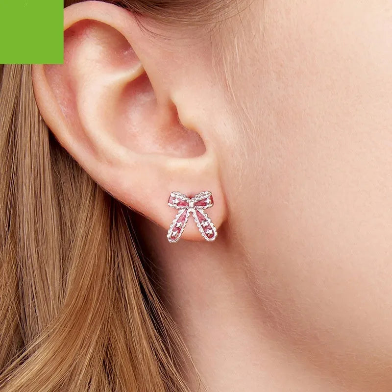 Christmas bowknot 925 sterling silver stud earrings with dripping oil finish in colour BSE1256